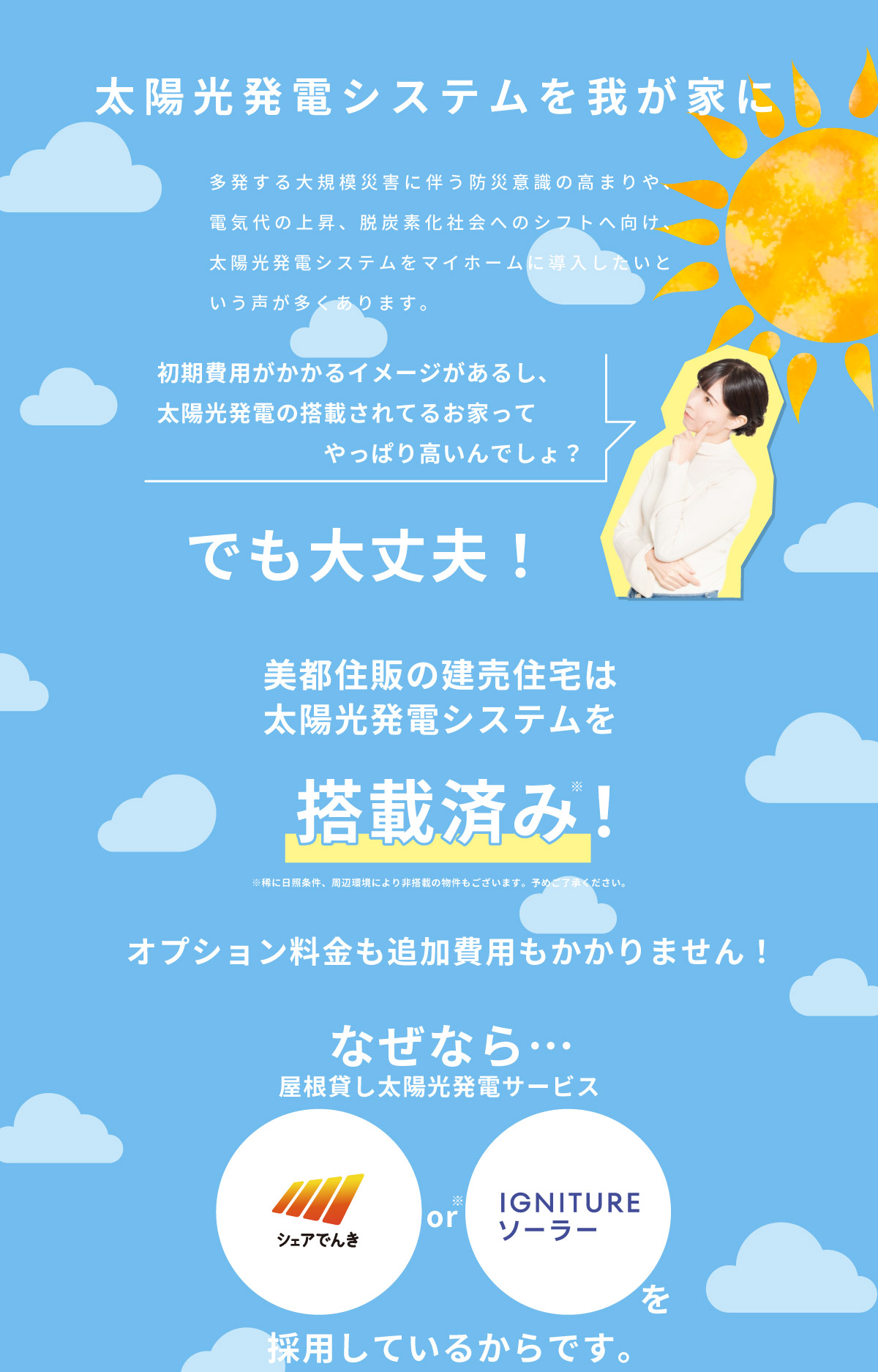 美都住販　太陽光発電システムを我が家に　多発する大規模災害に伴う防災意識の高まりや、電気代の上昇、脱炭素化社会へのシフトへ向け、太陽光発電システムをマイホームに導入したいという声が多くあります。　初期費用がかかるイメージがあるし、太陽光発電の搭載されてるお家ってやっぱり高いんでしょ？　　美都住販の建売住宅は太陽光発電システムを搭載済み　※稀に日照条件、周辺環境により非搭載の物件もございます。予めご了承ください。　オプション料金も追加費用もかかりません！　なぜなら…屋根貸し太陽光発電サービス　シェアでんき or IGNITUREソーラーを採用しているからです。※物件により、あらかじめ採用しているサービスは異なります。