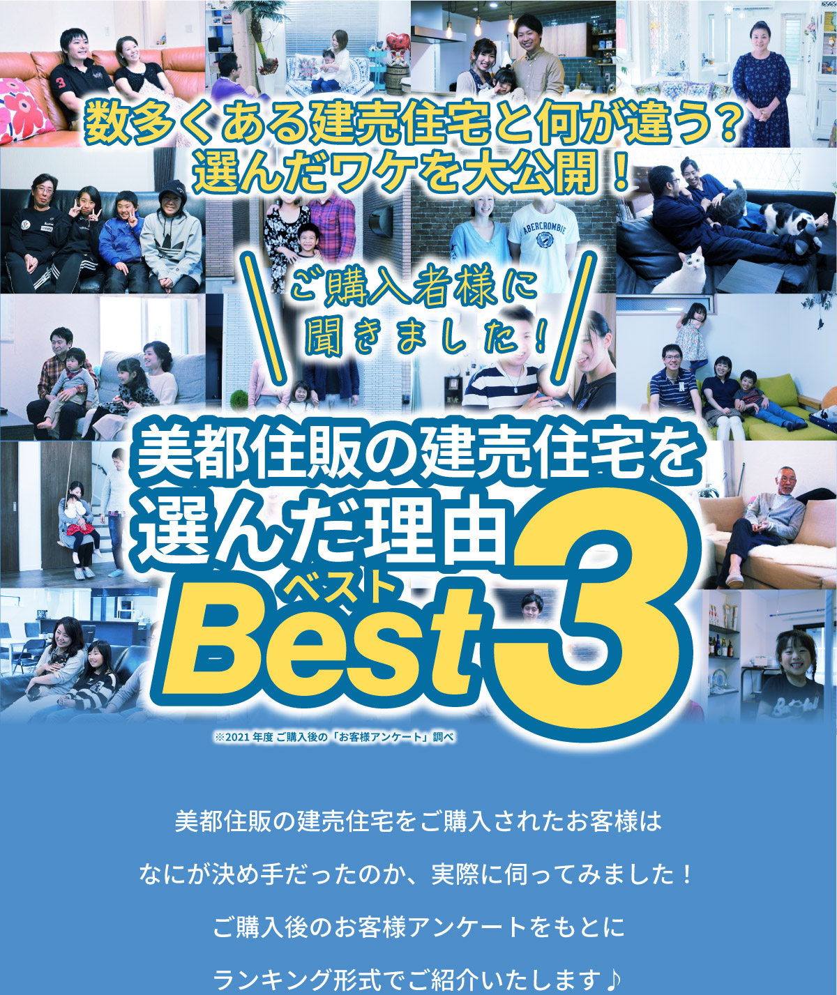 美都住販　建売　ランキング　ベスト　数多くある建売住宅と何が違う？選んだワケを大公開！　ご購入者様に聞きました！　美都住販の建売住宅を選んだ理由ベスト3　※2021年度 ご購入後の「お客様アンケート」調べ　美都住販の建売住宅をご購入されたお客様は なにが決め手だったのか、実際に伺ってみました！ご購入後のお客様アンケートをもとにランキング形式でご紹介いたします♪