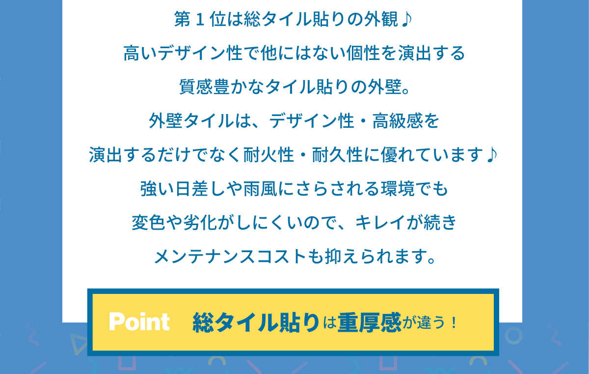 美都住販　建売　ランキング　ベスト　第1位は総タイル貼りの外観♪高いデザイン性で他にはない個性を演出する質感豊かなタイル貼りの外壁。外壁タイルは、デザイン性・高級感を演出するだけでなく耐火性・耐久性に優れています♪強い日差しや雨風にさらされる環境でも変色や劣化がしにくいので、キレイが続きメンテナンスコストも抑えられます。　Point 総タイル貼りは重厚感が違う！