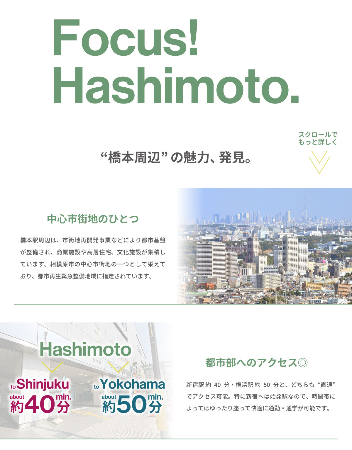 美都住販　橋本　建売　　スクロールでもっと詳しく見る “橋本周辺”の魅力、発見。　中心市街地のひとつ　橋本駅周辺は、市街地再開発事業などにより都市基盤が整備され、商業施設や高層住宅、文化施設が集積しています。相模原市の中心市街地の一つとして栄えており、都市再生緊急整備地域に指定されています。　都市部へのアクセス◎　新宿駅 約40分・横浜駅 約50分と、どちらも“直通”でアクセス可能。特に新宿へは始発駅なので、時間帯によってはゆったり座って快適に通勤・通学が可能です。