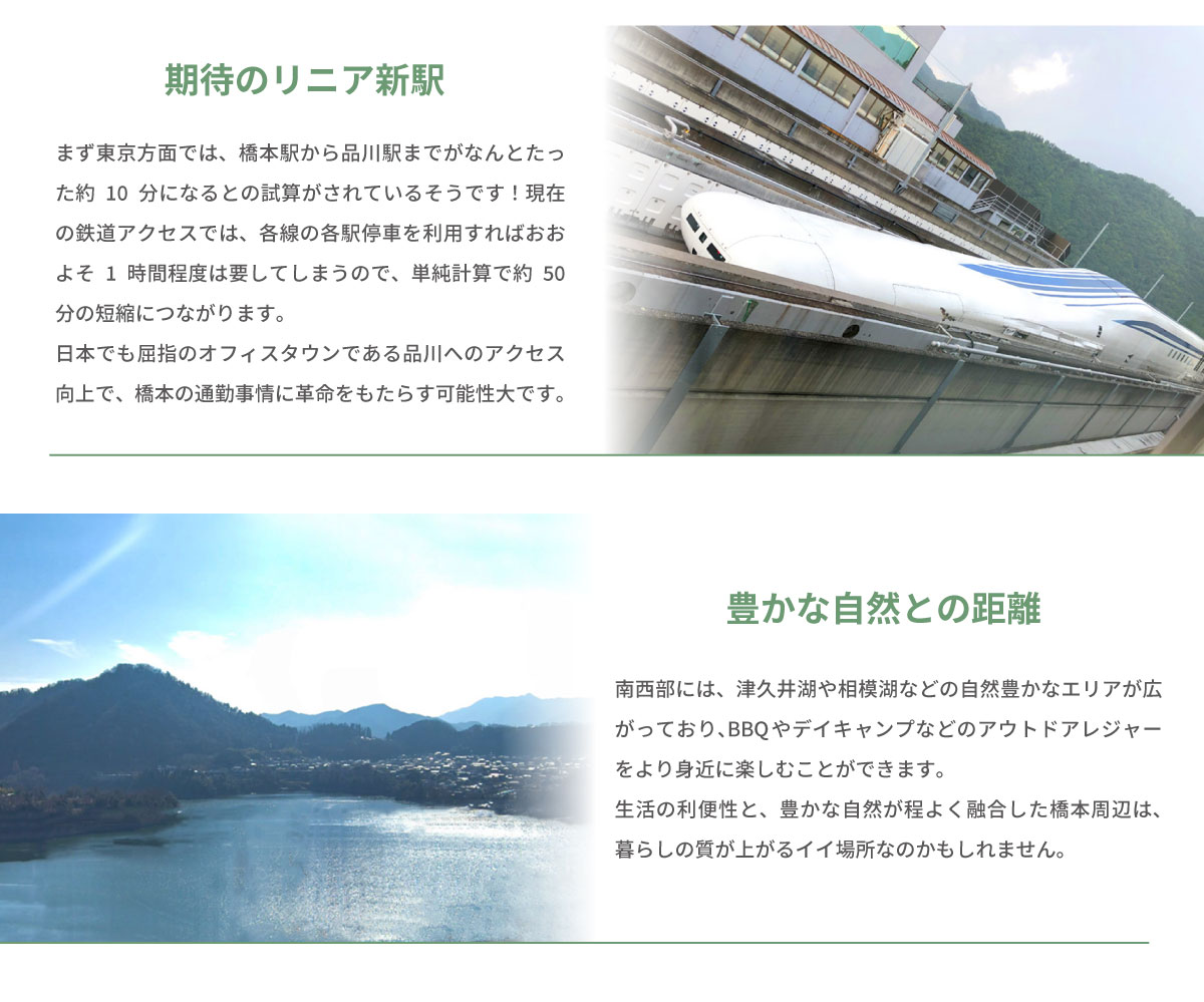 美都住販　橋本　建売　期待のリニア新駅　まず東京方面では、橋本駅から品川駅までがなんとたった約10分になるとの試算がされているそうです！現在の鉄道アクセスでは、各線の各駅停車を利用すればおおよそ1時間程度は要してしまうので、単純計算で約50分の短縮につながります。日本でも屈指のオフィスタウンである品川へのアクセス向上で、橋本の通勤事情に革命をもたらす可能性大です。　豊かな自然との距離　南西部には、津久井湖や相模湖などの自然豊かなエリアが広がっており、BBQやデイキャンプなどのアウトドアレジャーをより身近に楽しむことができます。生活の利便性と、豊かな自然が程よく融合した橋本周辺は、暮らしの質が上がるイイ場所なのかもしれません。