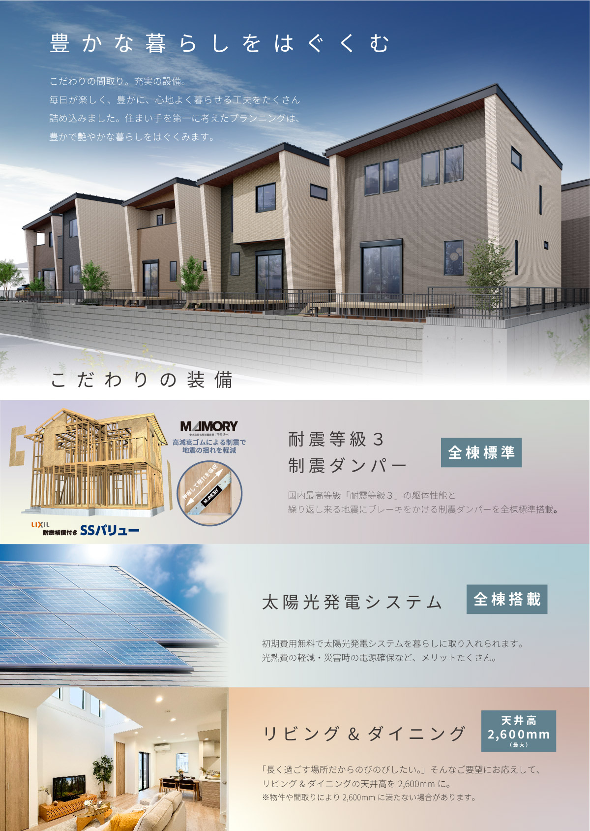 美都住販　綾瀬　建売　豊かな暮らしをはぐくむ　こだわりの間取り。充実の設備。 毎日が楽しく、豊かに、心地よく暮らせる工夫をたくさん詰め込みました。住まい手を第一に考えたプランニングは、豊かで艶やかな暮らしをはぐくみます。　こだわりの装備　。耐震等級３　制震ダンパー　全棟標準　国内最高等級「耐震等級３」の躯体性能と繰り返し来る地震にブレーキをかける制震ダンパーを全棟標準搭載　太陽光発電システム　全棟搭載　初期費用無料で太陽光発電システムを暮らしに取り入れられます。光熱費の軽減・災害時の電源確保など、メリットたくさん。　リビング＆ダイニング　天井高2,600mm 「長く過ごす場所だからのびのびしたい。」そんなご要望にお応えして、リビング&ダイニングの天井高を2,600mmに。※物件や間取りにより2,600mmに満たない場合があります。