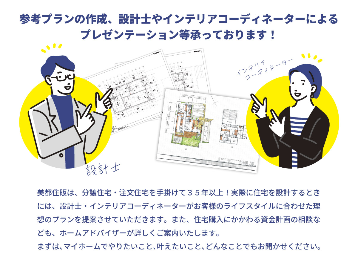 美都住販　分譲地　特集　参考プランの作成、設計士やインテリアコーディネーターによるプレゼンテーション等承っております！　美都住販は、分譲住宅・注文住宅を手掛けて３５年以上！実際に住宅を設計するときには、設計士・インテリアコーディネーターがお客様のライフスタイルに合わせた理想のプランを提案させていただきます。また、住宅購入にかかわる資金計画の相談なども、ホームアドバイザーが詳しくご案内いたします。まずは、マイホームでやりたいこと、叶えたいこと、どんなことでもお聞かせください。