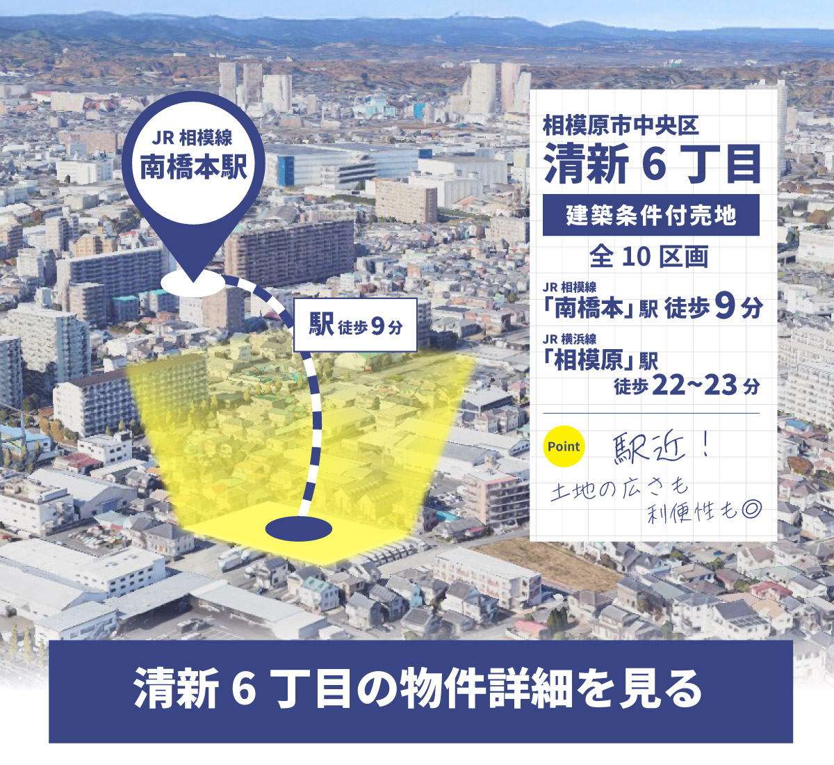 美都住販　分譲地　特集　相模原市中央区　清新６丁目　建築条件付売地　全10区画 JR相模線「南橋本」駅 徒歩9分 JR横浜線「相模原」駅 徒歩22~23分 駅近！　土地の広さも利便性も◎　清新６丁目の物件詳細をみる